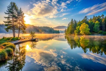 Fototapeta premium A boat is floating on a lake with a beautiful sunset in the background