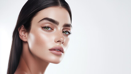Fototapeta premium Sophisticated beauty with piercing green eyes, natural freckles, and radiant skin, woman model isolated on a white background. 