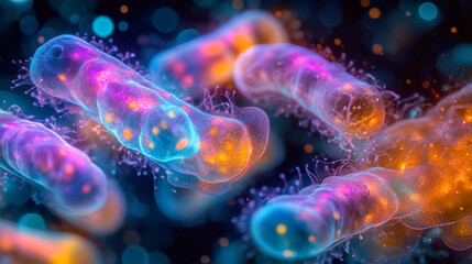 Obraz premium Microscopic view of glowing bacteria with vibrant colors in a dark background