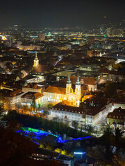 High Angle View Of Illuminated Cityscape Against Sky At Night, Graz, Austria