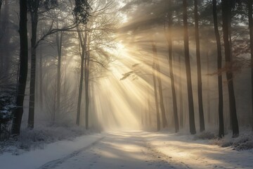 Obraz premium Sunbeams lighting snowy path in forest at dawn
