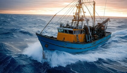 Naklejka premium Commercial Fishing Vessel Navigates Rough Seas at Dawn, Embarking on a Seafood Harvesting Expedition