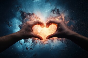 Fototapeta premium Stardust Heart: Two hands create a glowing heart of cosmic dust against a nebula backdrop.