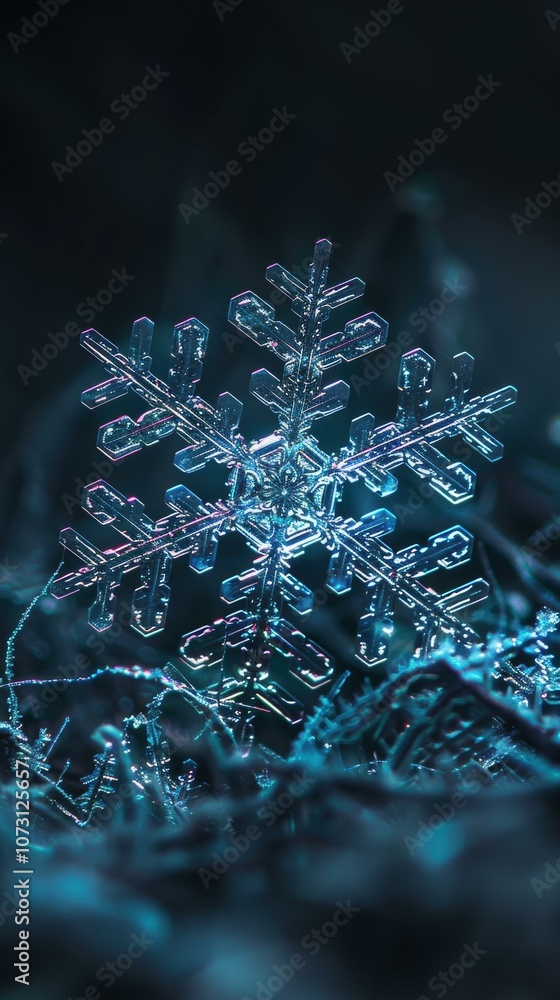 Poster a close-up of a snowflake, with its intricate details highlighted. ai.