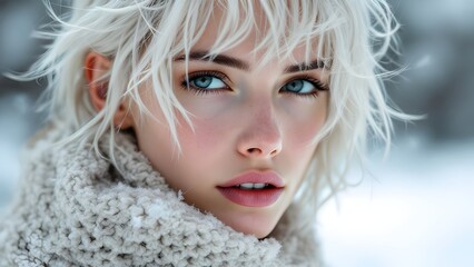 Woman with white hair with snow and beauty model fashion with cool lips and eyes