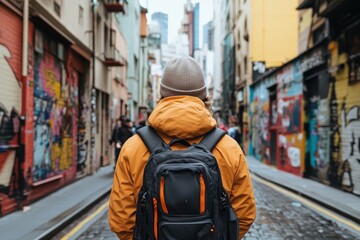 Street art, vibrant hues, a lone traveler absorbs the urban pulse. A captivating city scene unfolds.