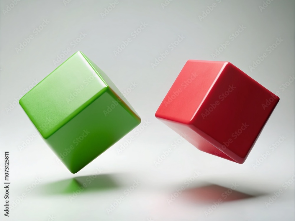 Poster surreal minimalist 3d cubes depicting yes and no concepts in vibrant colors against a white backgrou