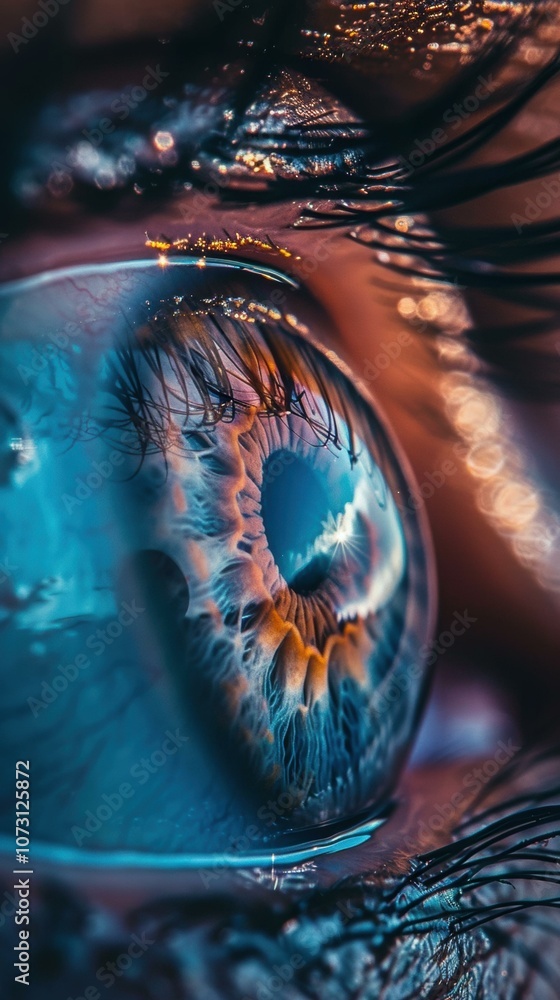 Poster a close-up view of an eye with a reflection of light. ai.