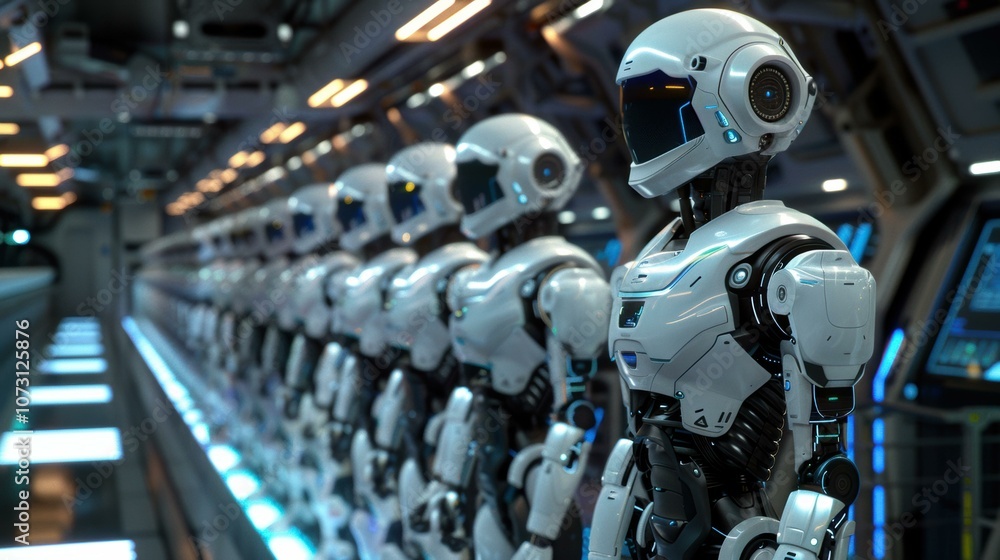 Poster a line of robots stand in a futuristic setting. ai.
