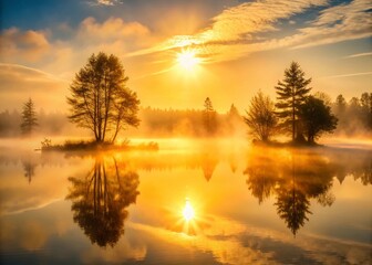 Fototapeta premium Surreal Misty Morning Over a Tranquil Lake with the Reflection of a Rising Sun, Capturing the Ethereal Beauty of Nature's Awakening in a Dreamlike Atmosphere
