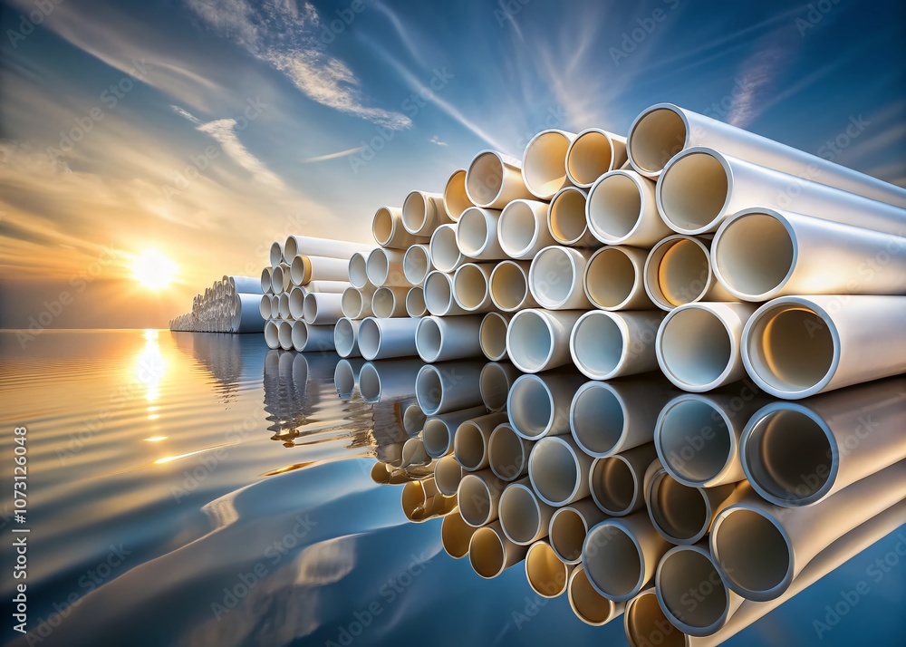 Poster surreal reflection of white pvc pipes in water: a dreamlike exploration of fluid dynamics and archit