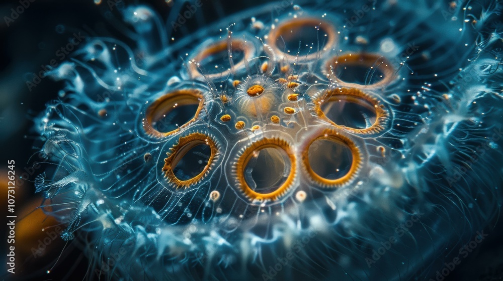 Poster a close-up of a jellyfish, showing its intricate structure and delicate tentacles. ai.