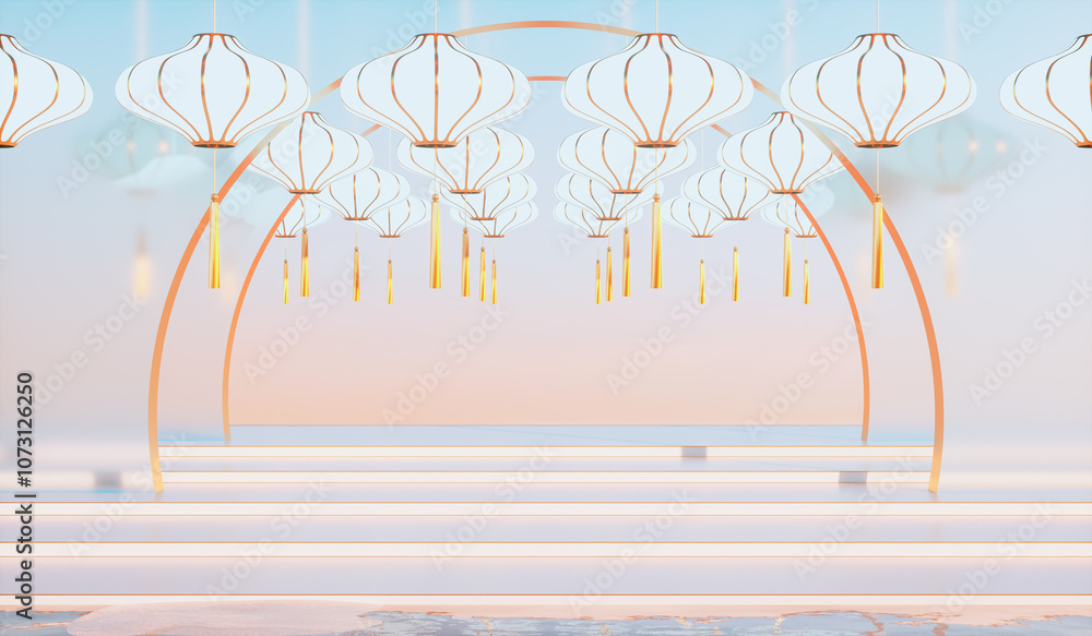 Aufkleber abstract chinese lantern background with a podium for product display. 3d rendering.