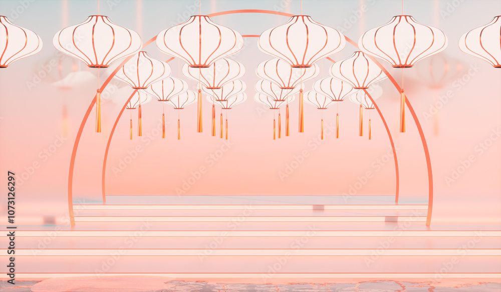 Aufkleber abstract chinese lantern background with a podium for product display. 3d rendering.