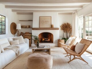 Fototapeta premium Cozy Living Room with Fireplace, White Walls, and Natural Elements
