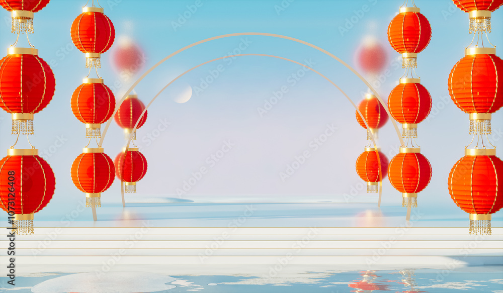 Aufkleber abstract chinese lantern background with a podium for product display. 3d rendering.