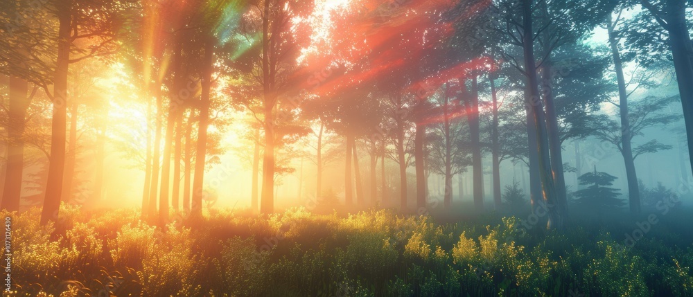 Poster sunbeams breaking through the trees in a misty forest. ai.