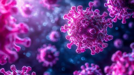 Pink viruses floating in a blue, bokeh background, representing microscopic biological organisms