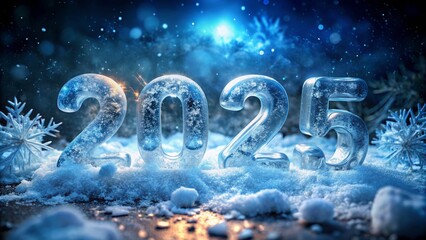 Icy 2025 New Year's Date Numbers Illuminated in Low Light with Sparkling Frost and Glowing Effects for a Festive Celebration Background