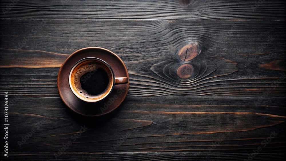 Poster surreal top view of a black coffee cup on a textured black table with a wooden background, evoking a