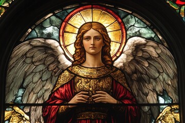 Guardian angel with golden halo and folded wings in stained glass window