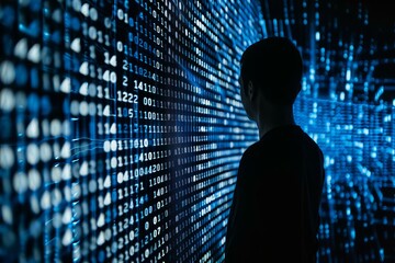 Silhouette of a programmer standing in front of a large screen with binary code data flowing, representing the concept of programming and technology
