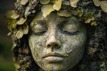 Fototapeta premium Stone face of mother nature resting with closed eyes and leaves in hair