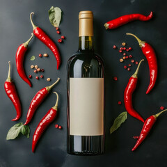 Red wine bottle with fresh red chili peppers and spices on dark background