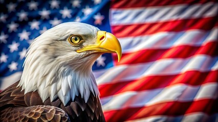 Majestic Bald Eagle with Proud Expression Against a Blurred American Flag Background Capturing the Spirit of Freedom and Strength in Nature's Grandeur