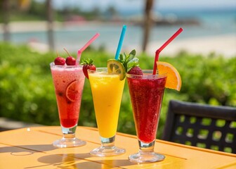 Three Vibrant Drinks with Fruity Garnishes and Colorful Straws in a Refreshing Summer Setting