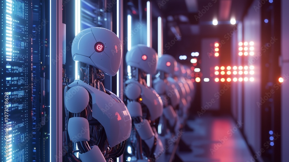 Poster futuristic digital rendering of ai robots working collaboratively in a high-tech data center with ad