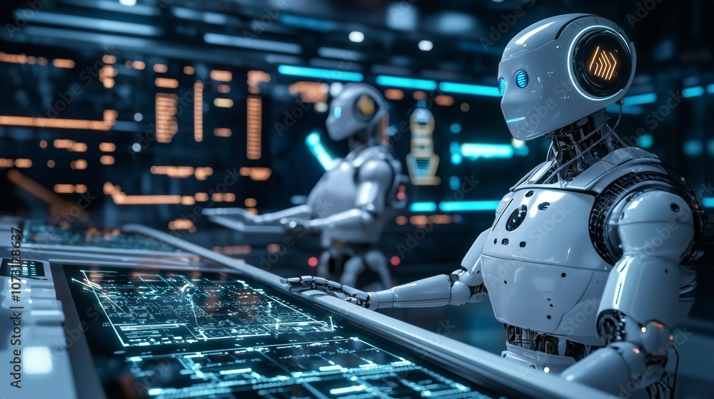 Poster futuristic control panel displaying advanced technology with glowing interfaces, featuring robots en