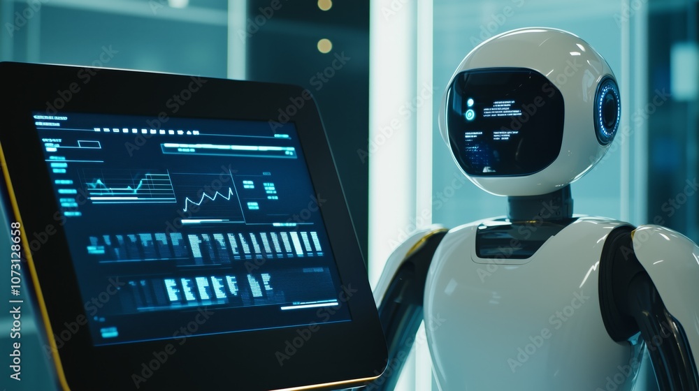 Poster sleek high-tech robot engaging in data analysis on modern touchscreen display in futuristic environm