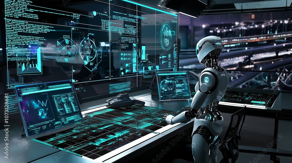 Poster advanced robotic assistant monitors control room with high-tech interfaces and digital data visualiz
