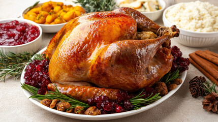 beautifully roasted turkey garnished with herbs, surrounded by festive sides like cranberry sauce, mashed potatoes, and sweet potatoes, creating warm Thanksgiving atmosphere
