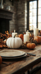 beautifully arranged Thanksgiving table featuring white and orange pumpkins, candles, and autumn decor, creating warm and inviting atmosphere