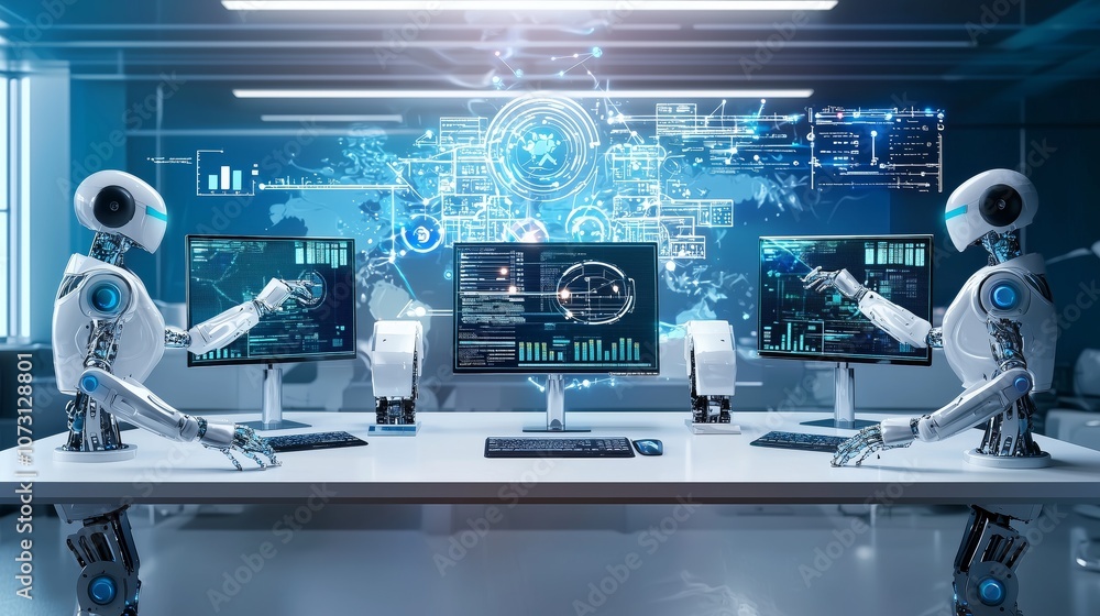 Poster Futuristic High-Tech Workspace Featuring Robots and Multiple Monitors for Data Analysis, Visualization, and Interactive Control in a Modern Environment