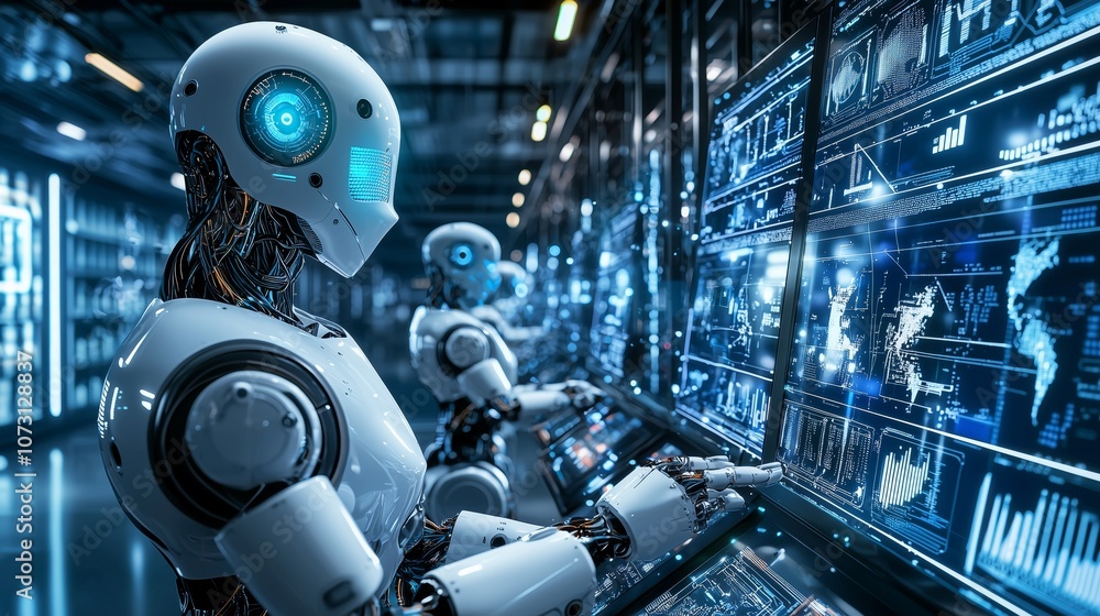 Poster futuristic robots analyzing data in a high-tech control center with advanced ai interfaces and digit