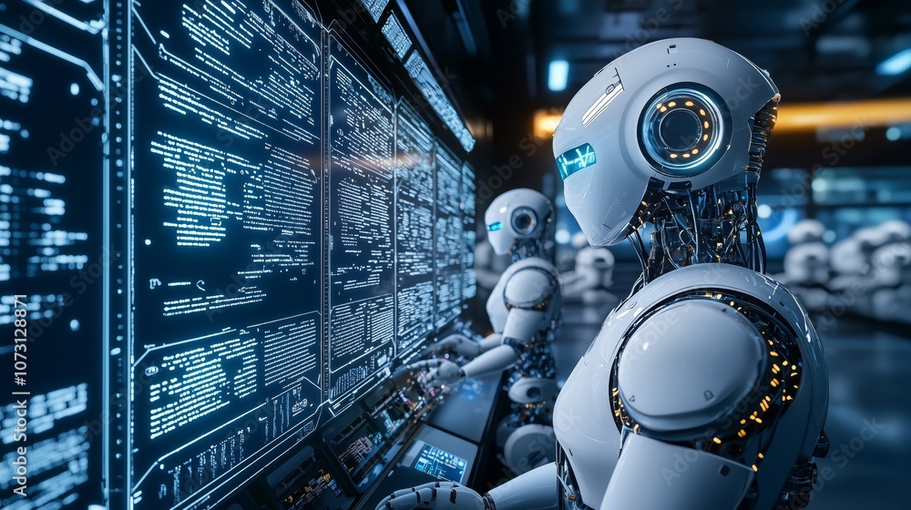 Poster futuristic control panel featuring robots with glowing displays and advanced user interface for sci-