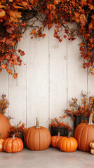 Festive autumn background with pumpkins and colorful leaves, perfect for Thanksgiving celebrations. warm tones create cozy atmosphere
