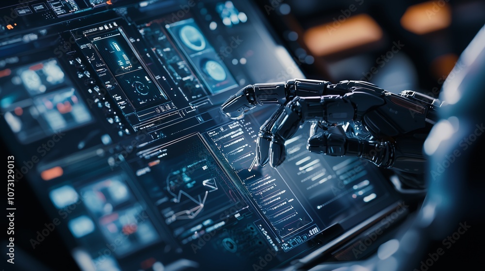 Poster close-up of a futuristic computer interface with a human-like robotic hand interacting with advanced