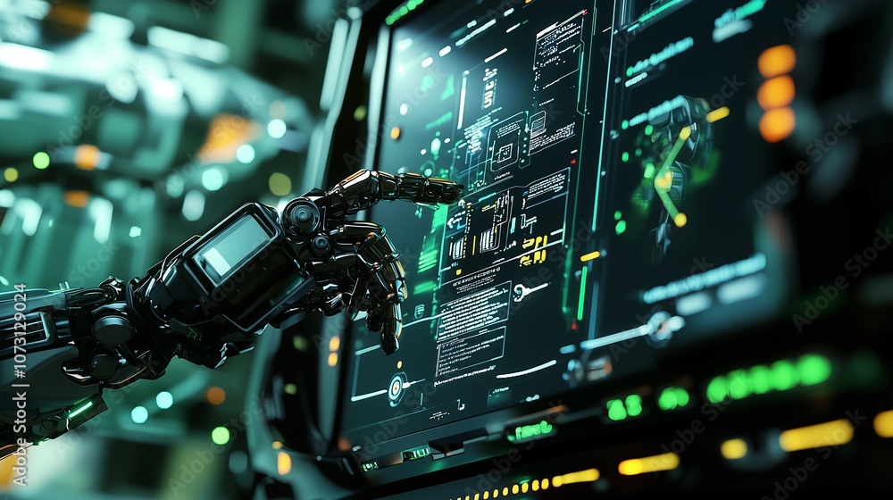 Poster futuristic computer interface with robotic hand interacting with high-tech display in a modern digit