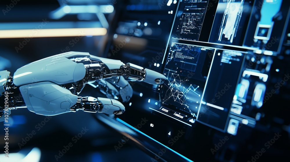 Poster Close-Up of a Futuristic Computer Interface with a Robotic Hand Interacting with Advanced Data Visualizations and High-Tech Displays
