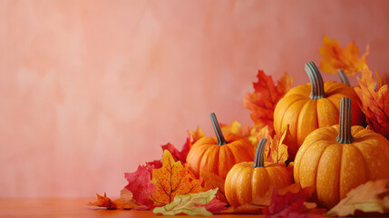 Vibrant orange pumpkins surrounded by colorful autumn leaves create warm, festive atmosphere perfect for Thanksgiving celebrations