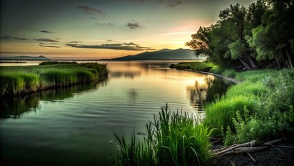 Fototapeta premium Tranquil Minimalist Landscape of Farmington Bay, Utah with Serene Waters and Soft Horizon at Dusk, Capturing Nature's Calm Beauty in a Simple Composition