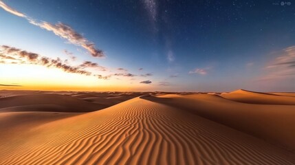 Naklejka premium A vast, golden desert landscape stretches out under a star-filled night sky.