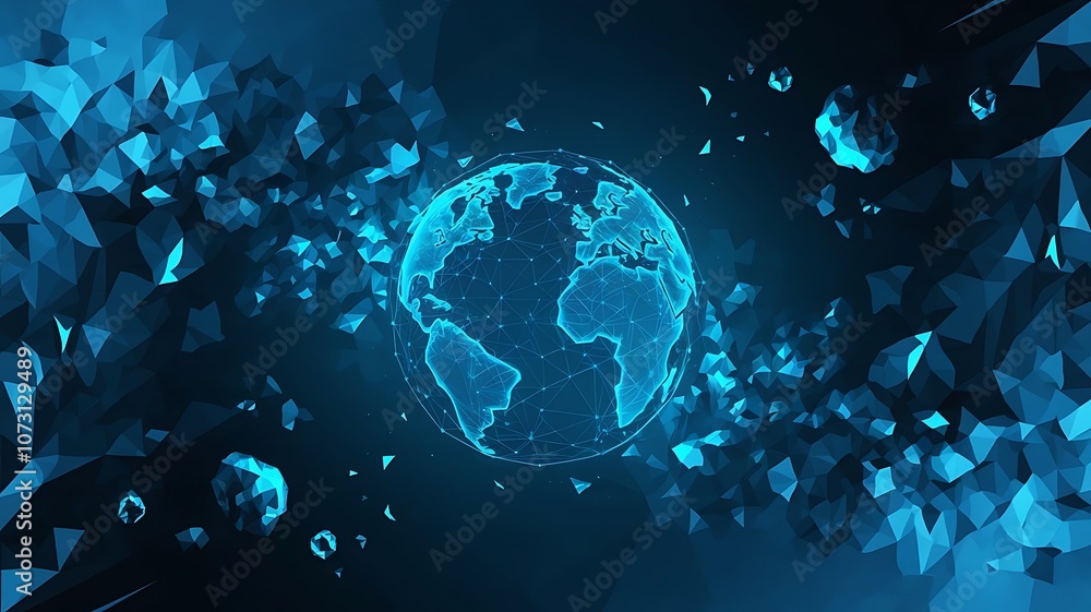 Aufkleber global network connection: abstract digital earth glowing with network connections, surrounded by fu