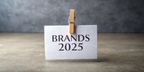 Planning Brands 2025: A Creative Concept Display Featuring Symbolic Words on White Paper with a Wooden Clothespin Against a Beautiful Grey Background for Business Growth