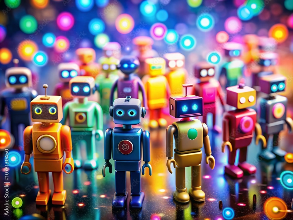 Poster unique tilt-shift photography of playful avatar bot symbols representing communication and technolog