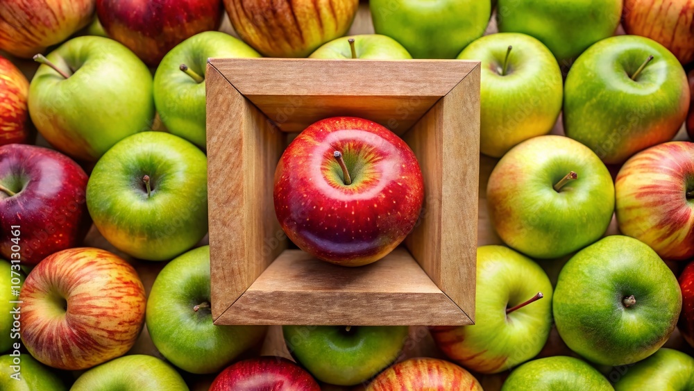 Aufkleber unique cube shaped apple surrounded by traditional round apples in a fresh orchard setting emphasizi